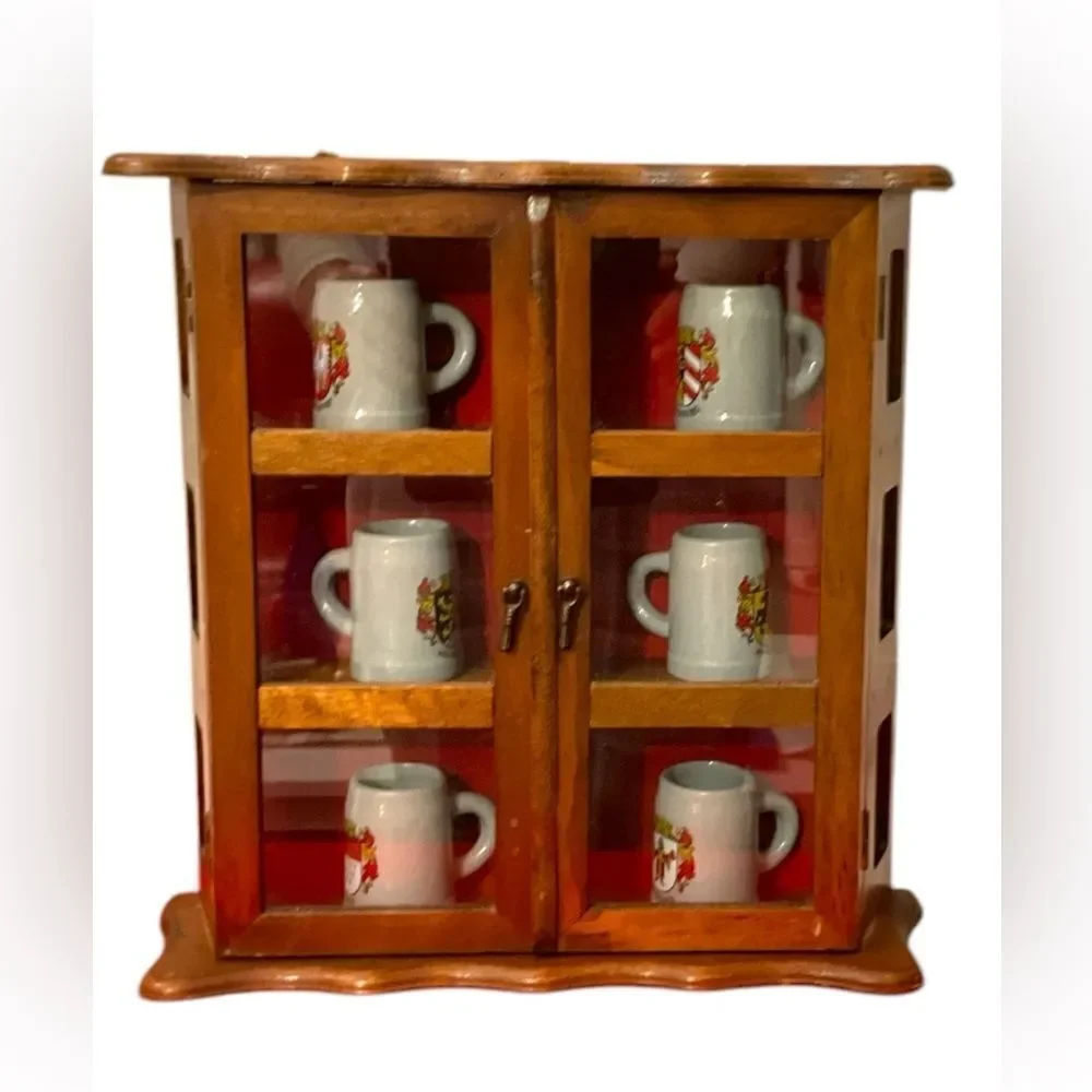 Rare Collectible 6 German Mini Beer Mugs/Steins in a Wooden Display Case